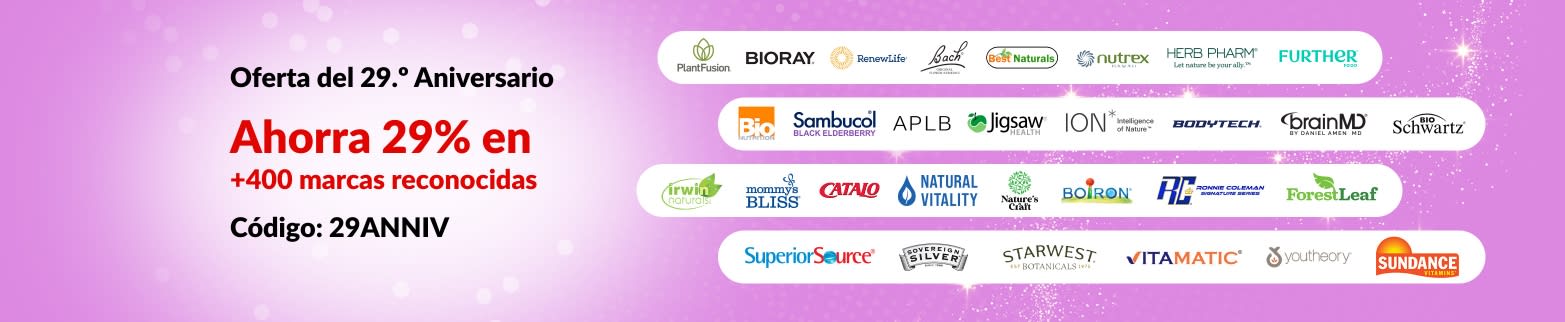 ¡29.º Aniversario de iHerb! Ahorra 29% en +400 marcas reconocidas con el código: 29ANNIV. Incluye logos de marcas destacadas.