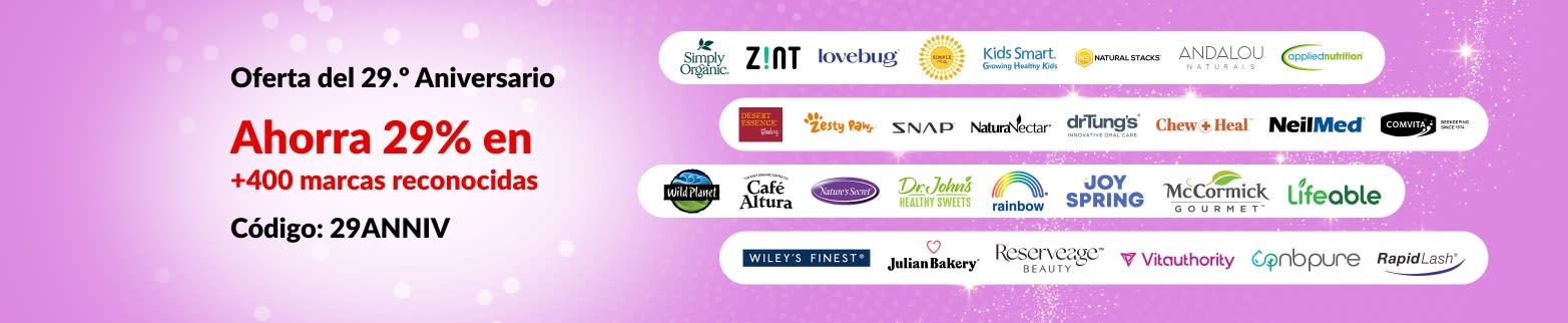 ¡29.º Aniversario de iHerb! Ahorra 29% en +400 marcas reconocidas con el código: 29ANNIV. Incluye logos de marcas destacadas.