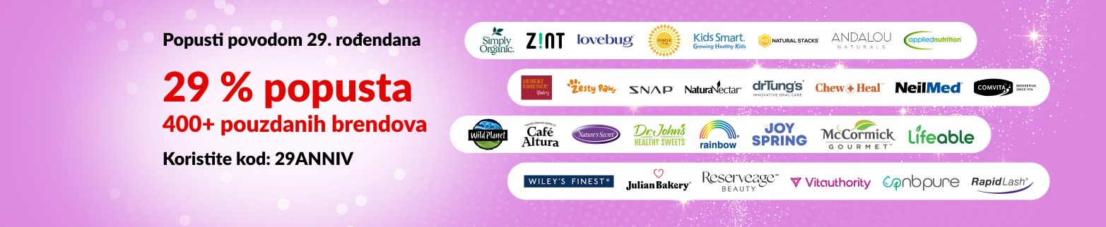iHerb 29th Anniversary sale banner offering 29% off 400+ trusted brands with code 29ANNIV, featuring brand logos.