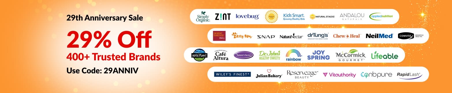 iHerb 29th Anniversary sale banner offering 29% off 400+ trusted brands with code 29ANNIV, featuring brand logos.