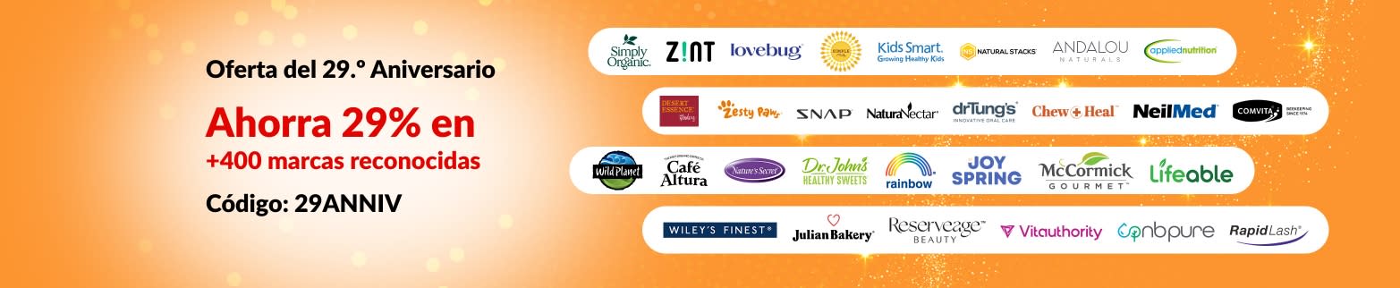 ¡29.º Aniversario de iHerb! Ahorra 29% en +400 marcas reconocidas con el código: 29ANNIV. Incluye logos de marcas destacadas.