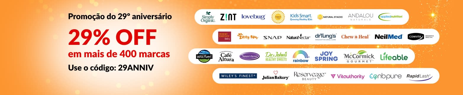 Banner de promoção do 29º aniversário da iHerb oferecendo 29% de desconto em mais de 400 marcas confiáveis ​​com o código 29ANNIV, com logotipos de marcas.