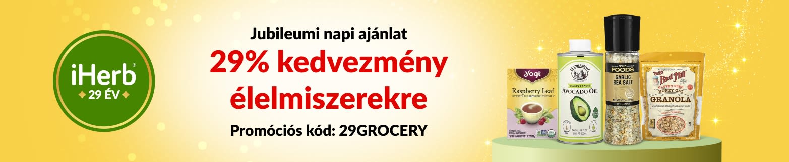iHerb 29. évfordulós napi ajánlat – 29% kedvezmény élelmiszerekre a 29GROCERY kóddal.