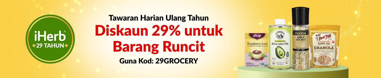 Tawaran Harian Ulang Tahun ke-29 iHerb  – Diskaun 29% untuk Barang Runcit dengan kod 29GROCERY.