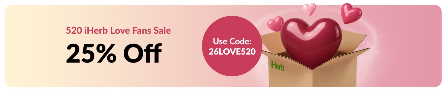 520 iHerb Love Fans Sale: 25% off with code 26LOVE520, hearts floating above an iHerb box.