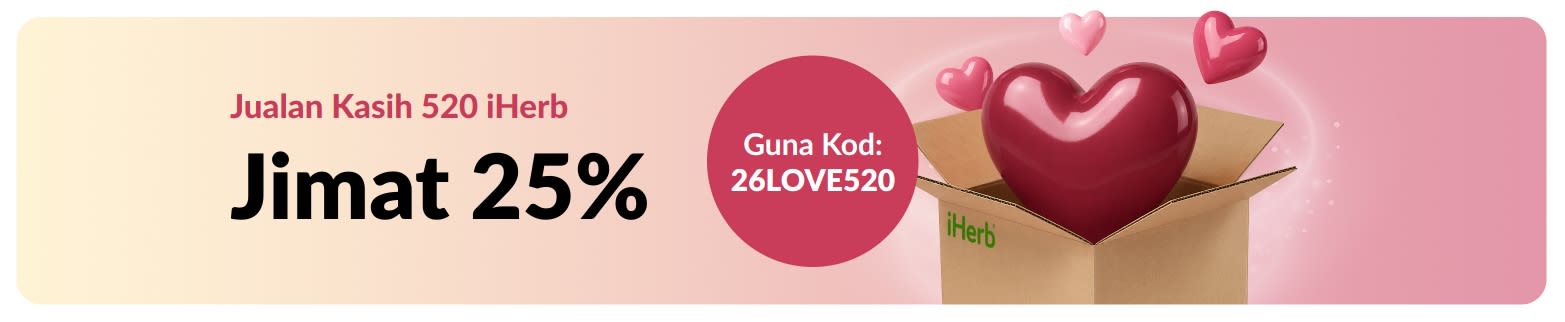 Jualan Kasih 520 iHerb: Diskaun 25% dengan kod 26LOVE520, ikon hati terapung di atas kotak iHerb.