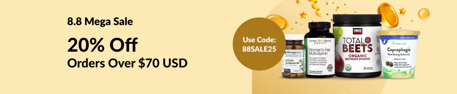8.8 Mega Sale: Get 20% off orders over $70 USD with code 88SALE25; includes supplements and wellness products.