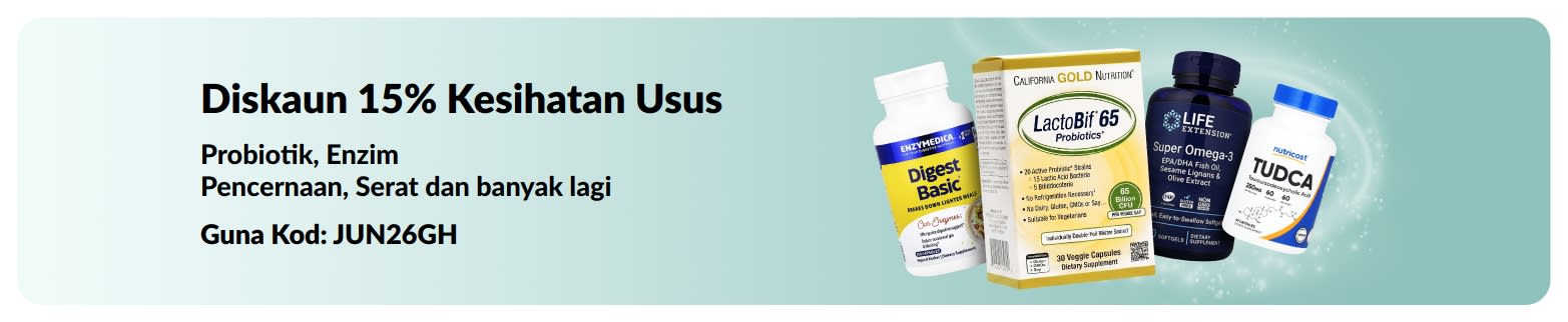 Sepanduk promosi menawarkan diskaun 15% produk kesihatan usus, menampilkan suplemen.