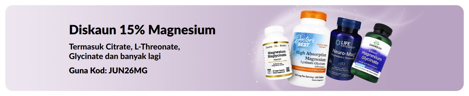 Sepanduk promosi menawarkan diskaun 15% suplemen magnesium.