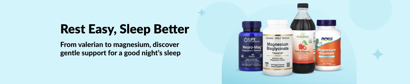 Four sleep supplements with text that reads ‘Rest Easy, Sleep Better – From valerian to magnesium for restful sleep.