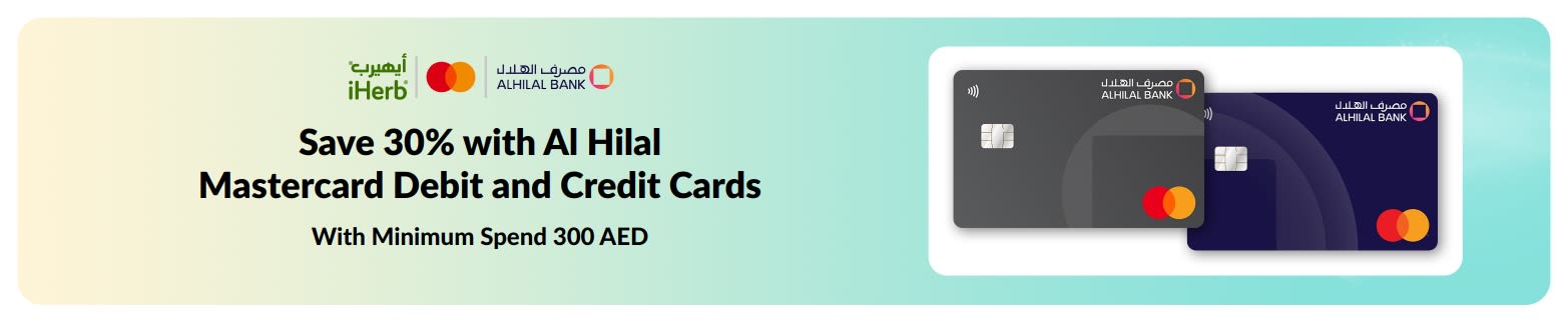 Promotional banner offering 30% off with Al Hilal Mastercard Debit and Credit Cards, featuring iHerb and Ahli logos.