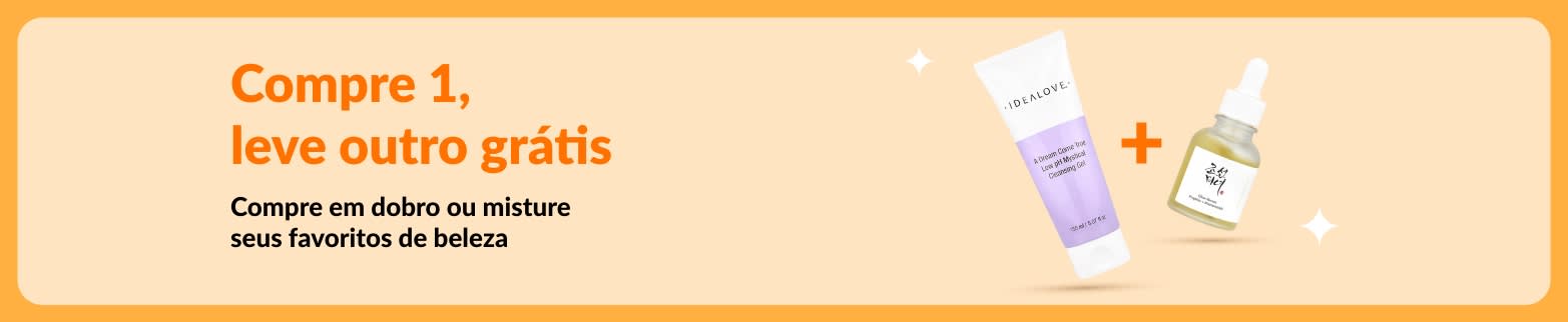 Oferta de beleza compre 1, leve outro grátis, com produtos de skincare e favoritos para misturar e combinar.