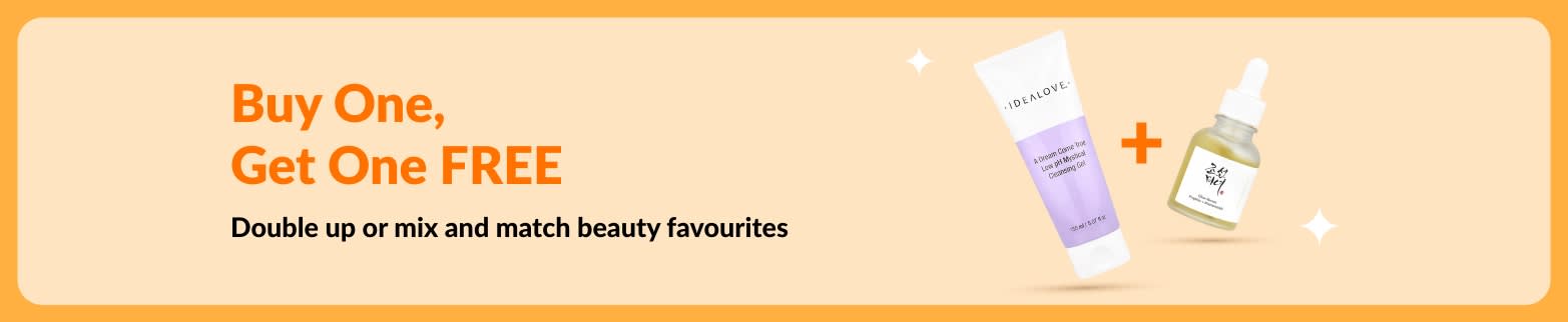 Buy one, get one free beauty sale, featuring skincare products and mix-and-match beauty favourites promotion.