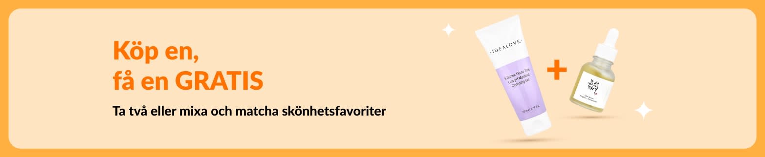 Skönhetskampanj: Köp en, få en gratis – med hudvårdsprodukter och möjlighet att kombinera dina favoriter.