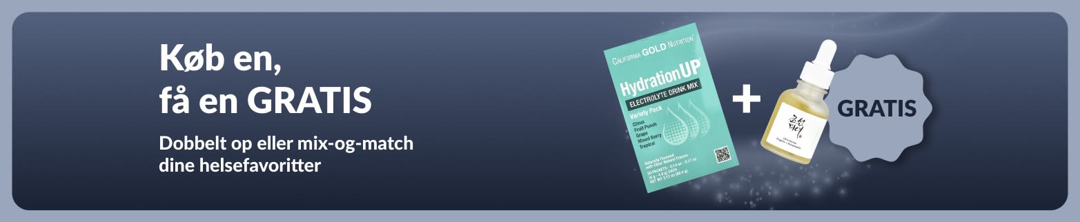 iHerb-kampagnebanner med tilbuddet køb en, få en gratis på helsefavoritter, inklusive probiotiske kosttilskud og en pipetteflaske.