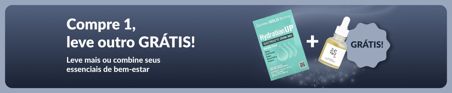 Banner da iHerb oferecendo compre 1, leve outro grátis em itens essenciais de bem-estar, com destaque para suplementos probióticos e frasco conta-gotas.