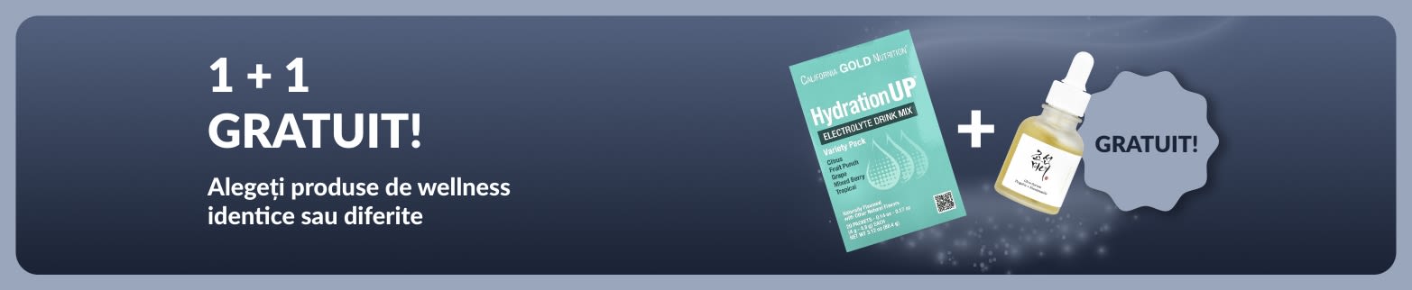 Banner iHerb cu produse esențiale pentru wellness în oferta 1 + 1 gratuit, cu suplimente probiotice și flacon cu pipetă.