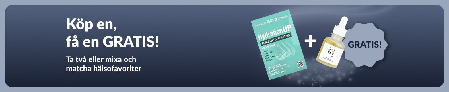 iHerb kampanjbanner som erbjuder köp en, få en gratis på favoriter för välmående, med probiotikatillskott och en droppflaska.