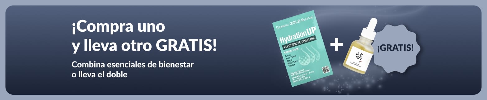 Banner de iHerb ofreciendo la oferta de “Compra uno y lleva otro gratis” en esenciales de bienestar.
