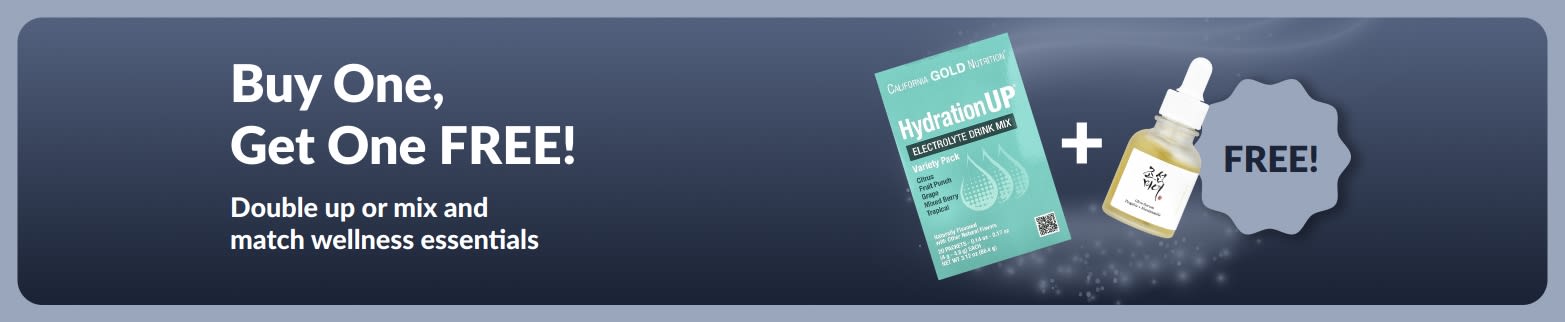 iHerb promo banner offering buy one get one free on wellness essentials.