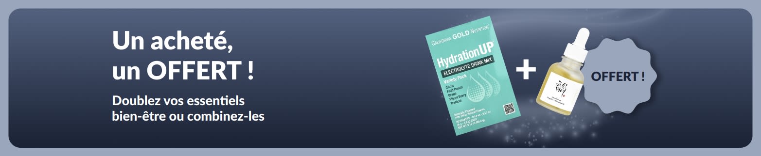 Bannière iHerb 1 acheté = 1 offert sur les essentiels bien-être, avec des compléments probiotiques et flacon compte-gouttes