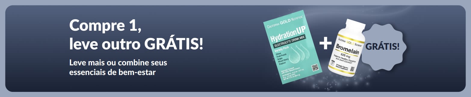 Banner da iHerb oferecendo compre 1, leve outro grátis em itens essenciais de bem-estar, com destaque para suplementos probióticos e frasco conta-gotas.