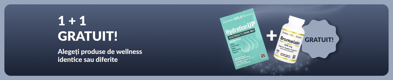 Banner iHerb cu produse esențiale pentru wellness în oferta 1 + 1 gratuit, cu suplimente probiotice și flacon cu pipetă.