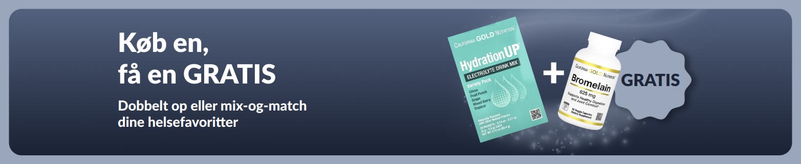 iHerb-kampagnebanner med tilbuddet køb en, få en gratis på helsefavoritter, inklusive probiotiske kosttilskud og en pipetteflaske.