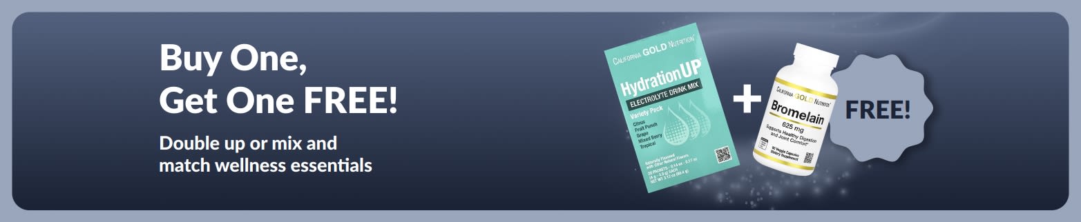 iHerb promo banner offering buy one get one free on wellness essentials.