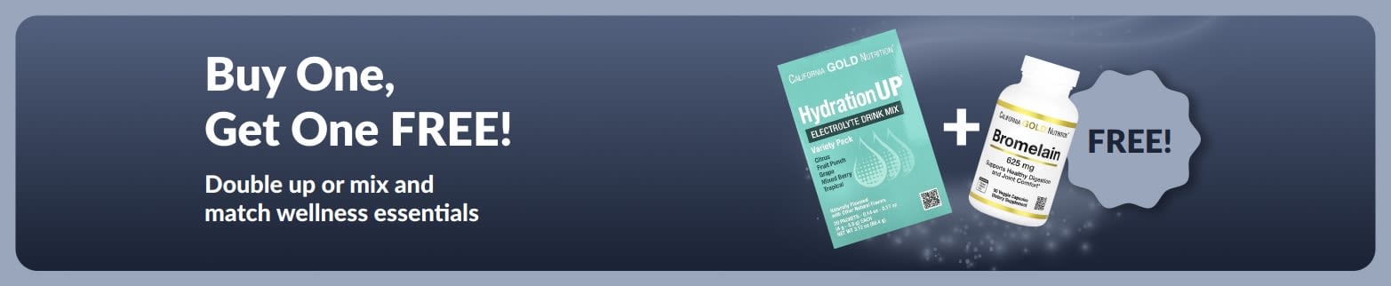 iHerb promo banner offering buy one get one free on wellness essentials.