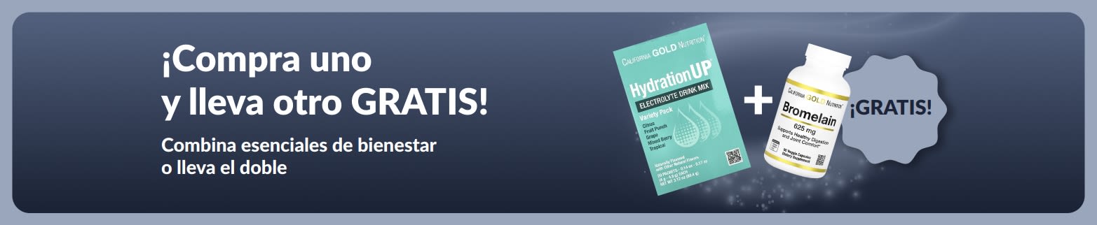 Banner de iHerb ofreciendo la oferta de “Compra uno y lleva otro gratis” en esenciales de bienestar.