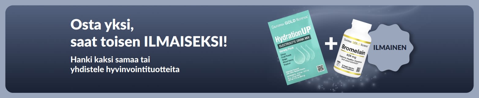 iHerb-mainosbanneri, joka tarjoaa hyvinvointituotteita kaksi yhden hinnalla. Kuvassa probioottilisiä ja pipettipullo.
