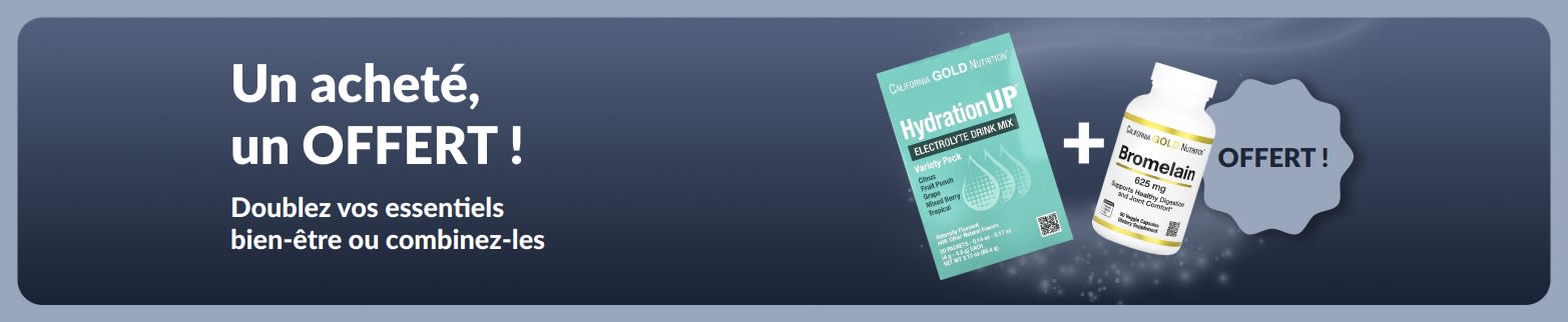 Bannière iHerb 1 acheté = 1 offert sur les essentiels bien-être, avec des compléments probiotiques et flacon compte-gouttes