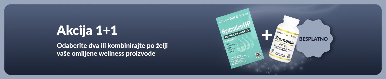 iHerb reklamni natpis za promociju Akciju 1+1 na wellness proizvode, s prikazom probiotičkih dodataka i bočice s kapaljkom.