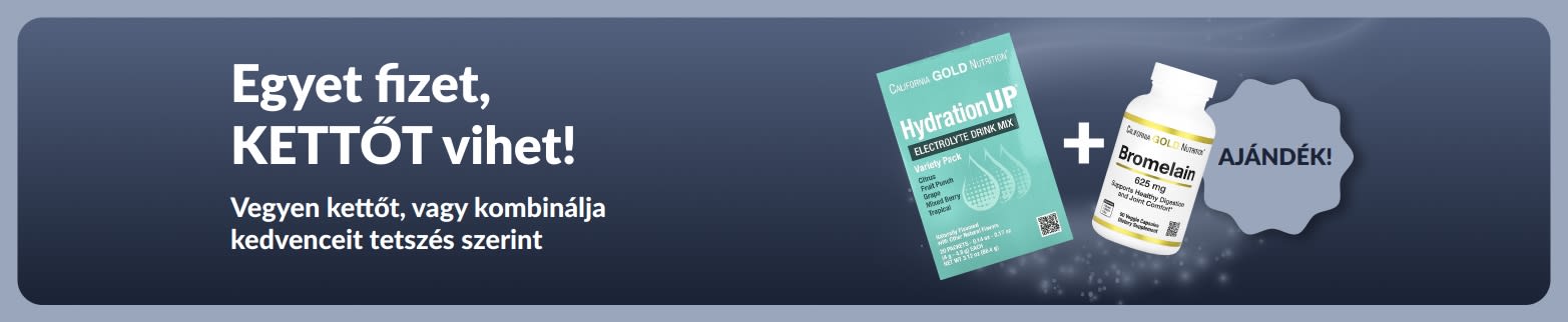 iHerb promóciós banner, amely Egyet fizet, kettőt vihet akció keretében kínál wellness termékeket, probiotikus étrend-kiegészítőket és cseppentős üveget ábrázolva.