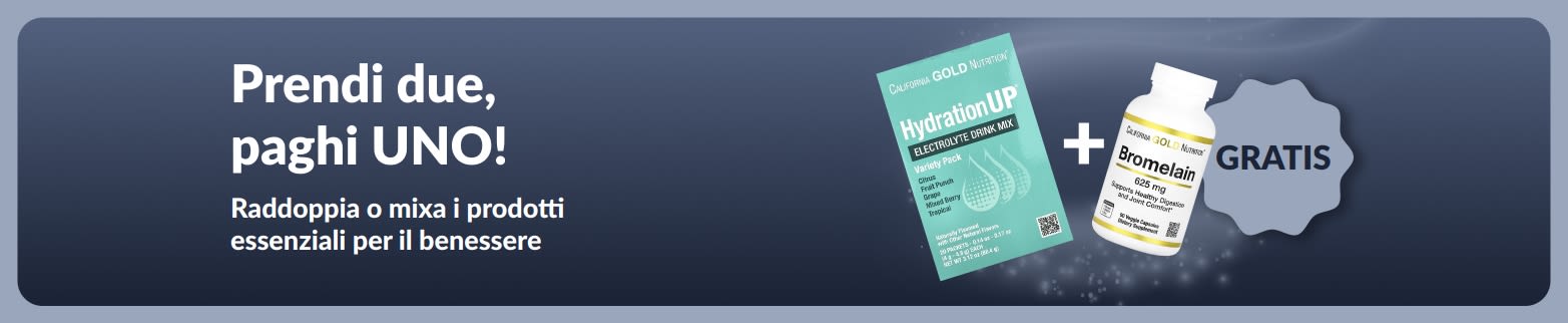 Banner promozionale iHerb con offerta prendi due paghi uno su prodotti essenziali per il benessere; vengono mostrati integratori probiotici e un flacone con contagocce.