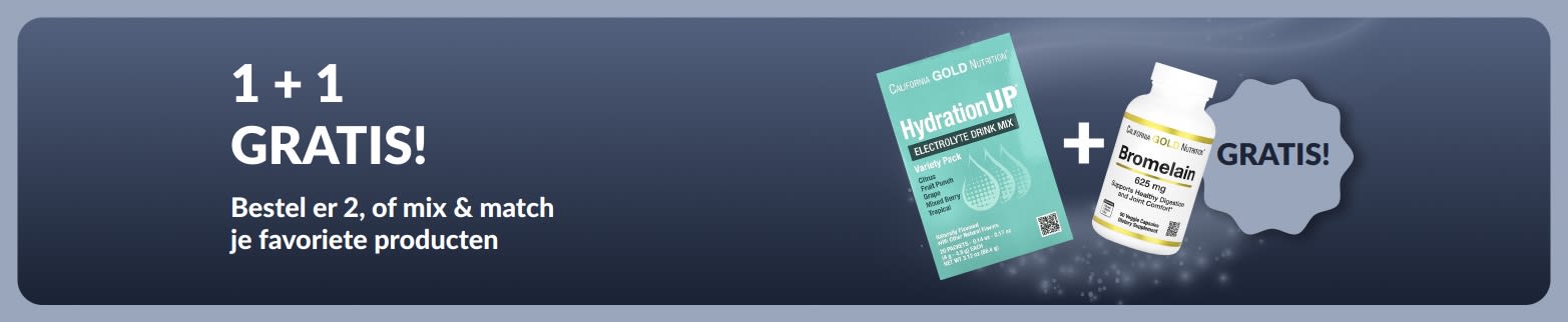 iHerb-promotiebanner met een '1+1 gratis'-actie op essentiële welzijnsproducten, waaronder probiotische supplementen en een pipetflesje.