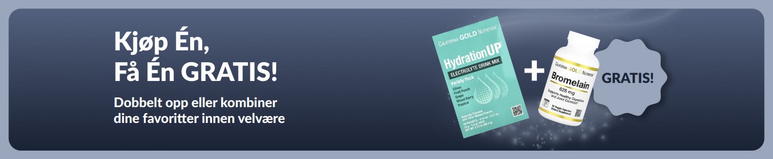 iHerb-kampanjebanner med «kjøp én, få én gratis» på velværeprodukter, med probiotiske kosttilskudd og en dråpeflaske.