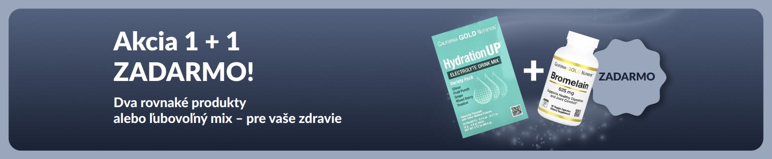 Baner iHerb s akciou „1 + 1 zadarmo“ na základné produkty pre zdravie, zobrazujúci probiotiká a fľaštičku s kvapkadlom.