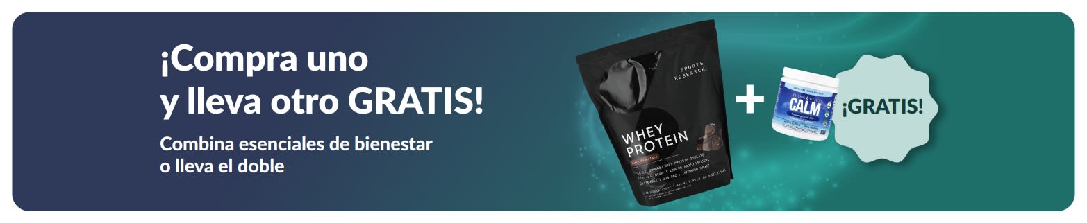 Banner de iHerb ofreciendo la oferta de “Compra uno y lleva otro gratis” en esenciales de bienestar.