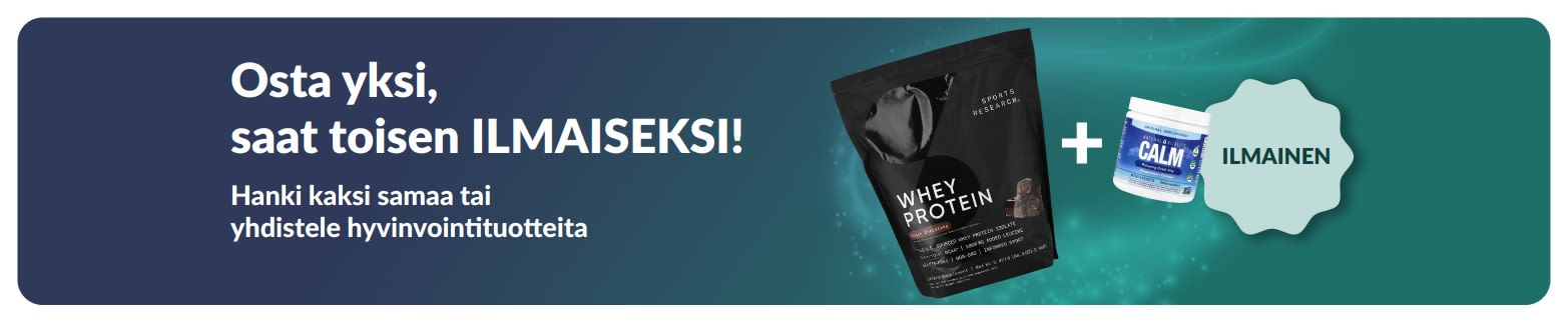 iHerb-mainosbanneri, joka tarjoaa hyvinvointituotteita kaksi yhden hinnalla. Kuvassa probioottilisiä ja pipettipullo.