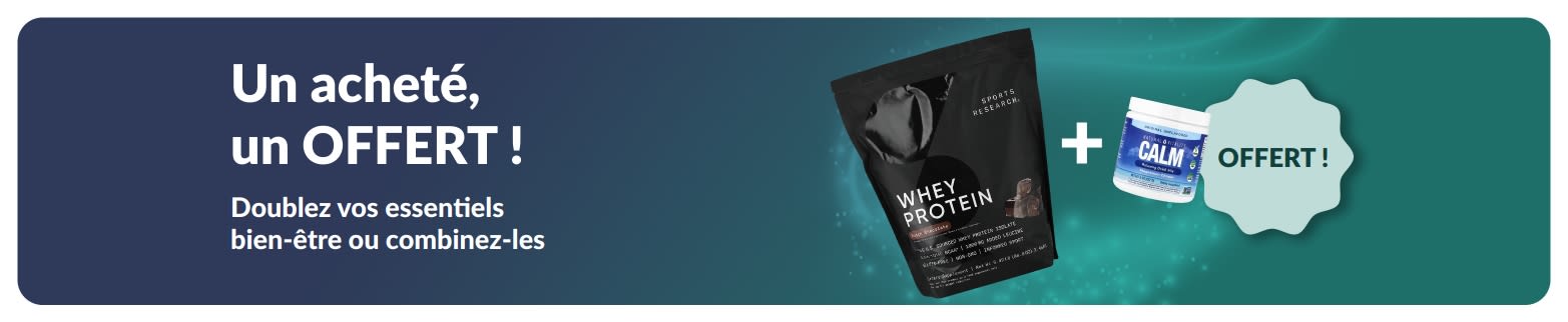 Bannière iHerb 1 acheté = 1 offert sur les essentiels bien-être, avec des compléments probiotiques et flacon compte-gouttes