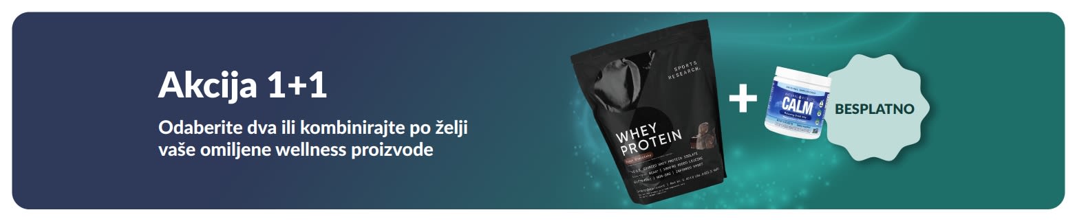 iHerb reklamni natpis za promociju Akciju 1+1 na wellness proizvode, s prikazom probiotičkih dodataka i bočice s kapaljkom.