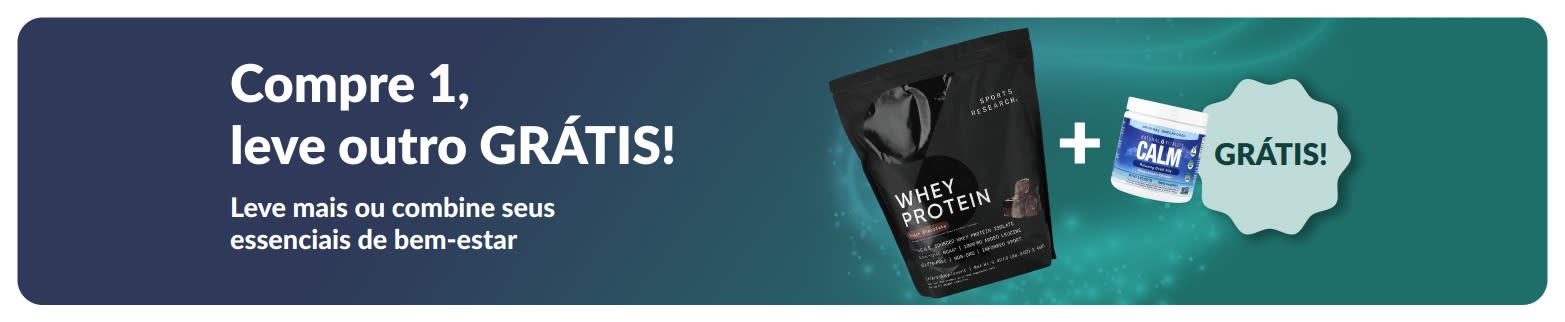Banner da iHerb oferecendo compre 1, leve outro grátis em itens essenciais de bem-estar, com destaque para suplementos probióticos e frasco conta-gotas.