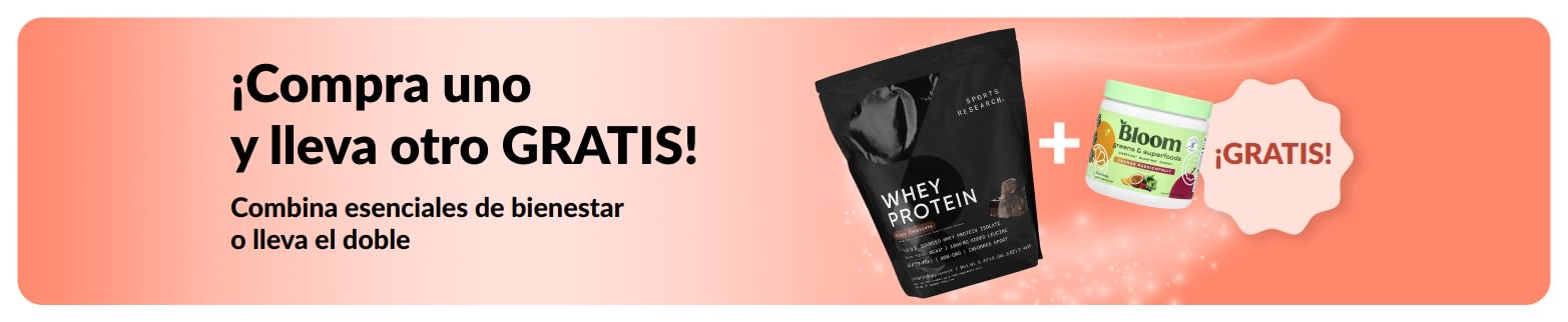 Banner de iHerb ofreciendo la oferta de “Compra uno y lleva otro gratis” en esenciales de bienestar.