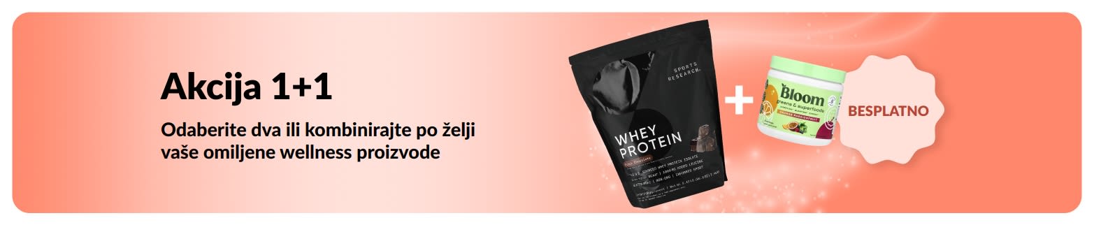 iHerb reklamni natpis za promociju Akciju 1+1 na wellness proizvode, s prikazom probiotičkih dodataka i bočice s kapaljkom.