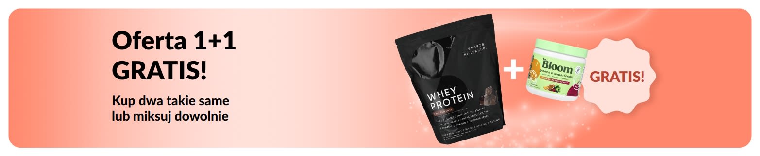Baner promocyjny iHerb oferujący Ofertę 1+1 GRATIS na niezbędne produkty dla zdrowia, przedstawiający suplementy probiotyczne oraz butelkę z zakraplaczem.