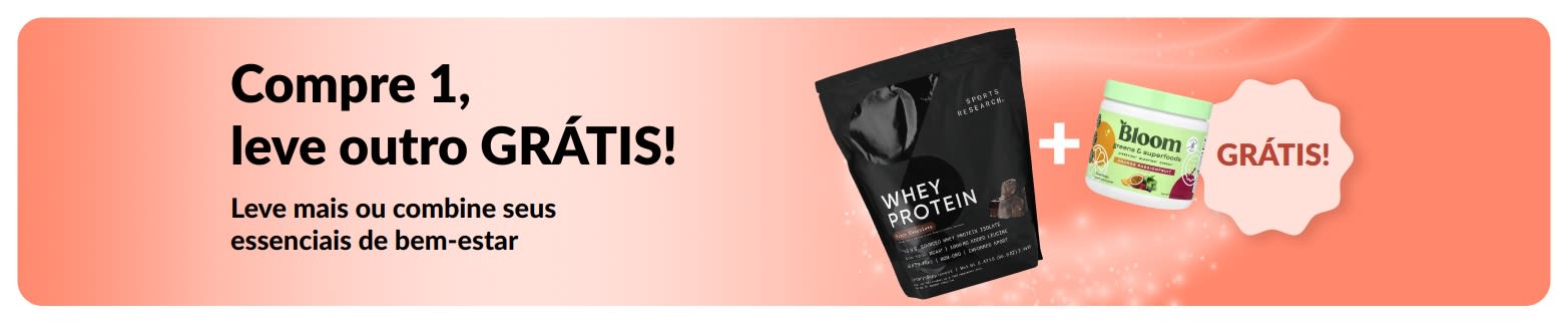 Banner da iHerb oferecendo compre 1, leve outro grátis em itens essenciais de bem-estar, com destaque para suplementos probióticos e frasco conta-gotas.