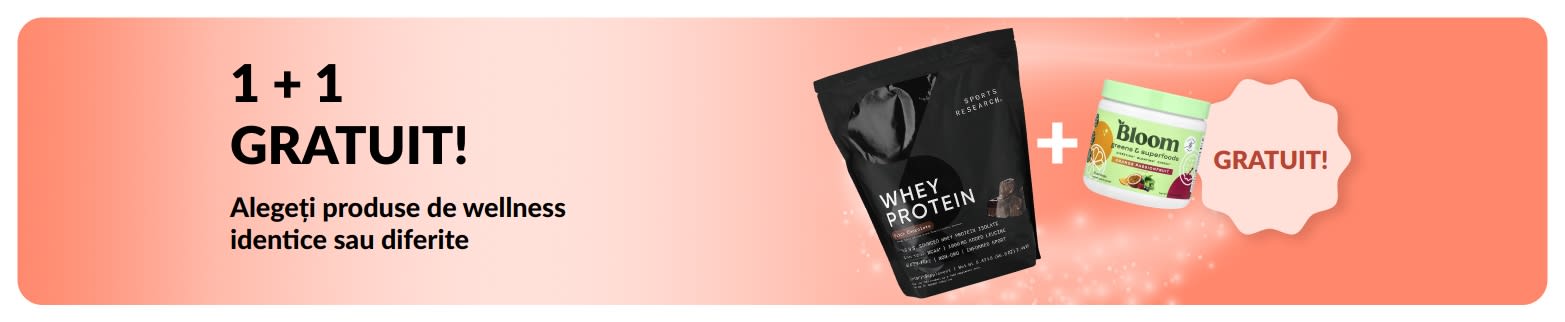 Banner iHerb cu produse esențiale pentru wellness în oferta 1 + 1 gratuit, cu suplimente probiotice și flacon cu pipetă.