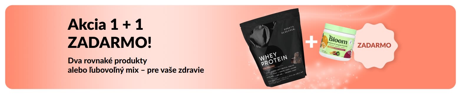 Baner iHerb s akciou „1 + 1 zadarmo“ na základné produkty pre zdravie, zobrazujúci probiotiká a fľaštičku s kvapkadlom.